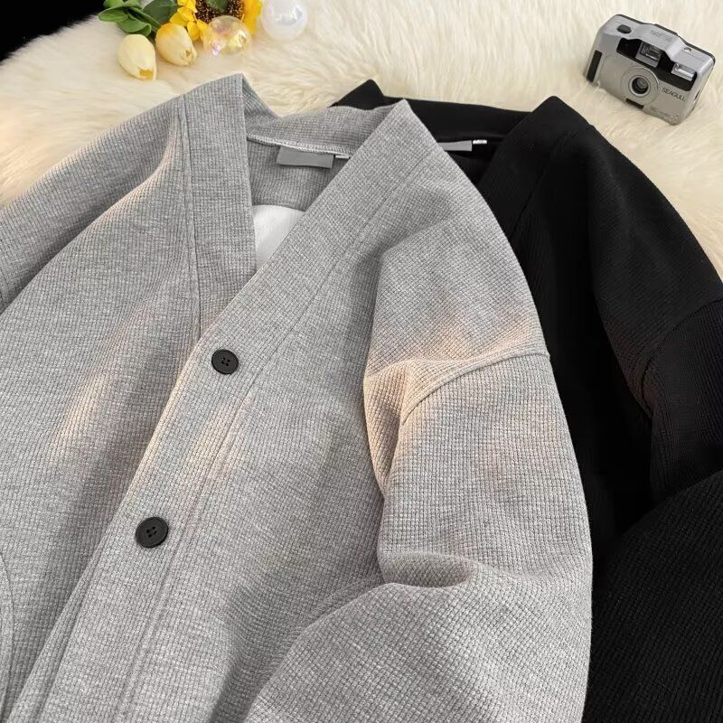Autumn Winter New American Style Knitted Sweater Men's Loose V-Neck Cardigan Sweatshirt Trendy Casual Jacket Men_voghion.com