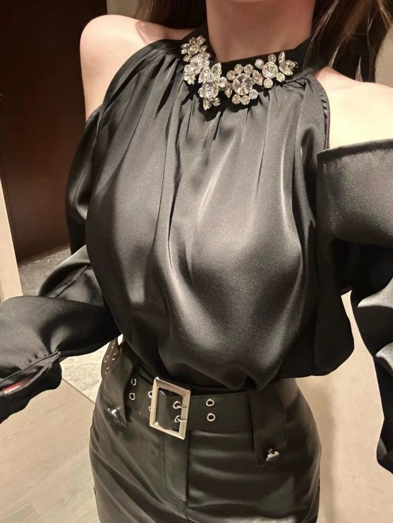 GraceChic GraceChic Heavy Embellished Rhinestone Halter Off-Shoulder Blouse For Women Spring And Autumn New High-Waisted Bodycon Leather_voghion.com