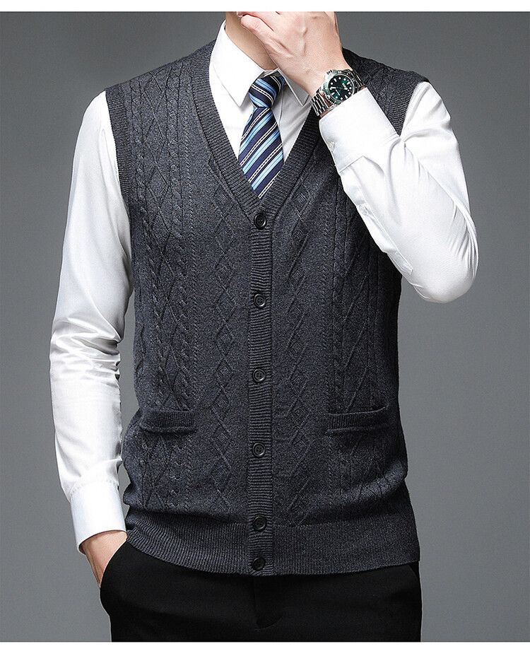 Ärmellose Strickjacke aus Wollmischung für Herren, schmale Passform, einreihiger Strickpullover für legere Business-Kleidung (Hellgrau, Weinrot, Marineblau, Dunkelgrau)_voghion.com