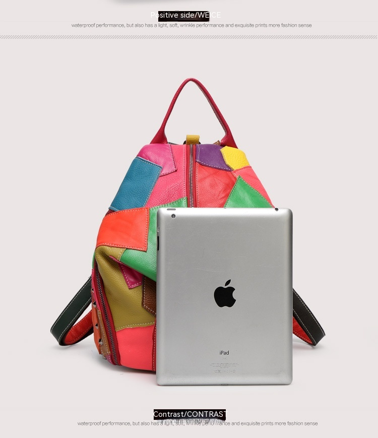 Spliced contrasting color new Korean version trendy and fashionable travel spring backpack small cowhide bag_voghion.com