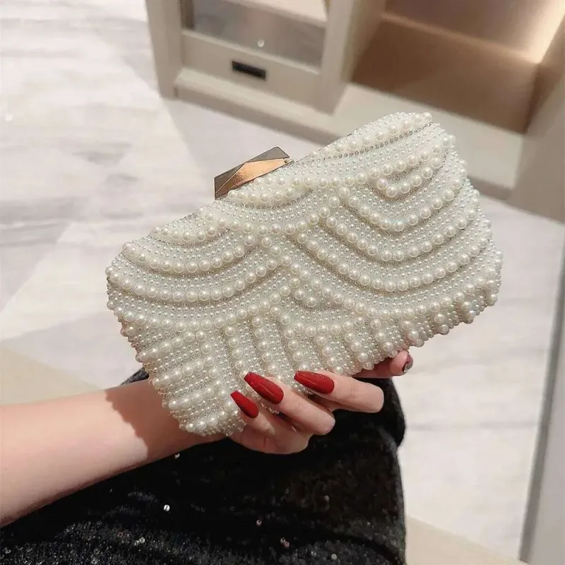 Designer Perlen Frauen Clutch Taschen Perle Aushöhlen Metall Kette Schulter Handtaschen Klappe Glitter Strass Party Abendessen_voghion.com