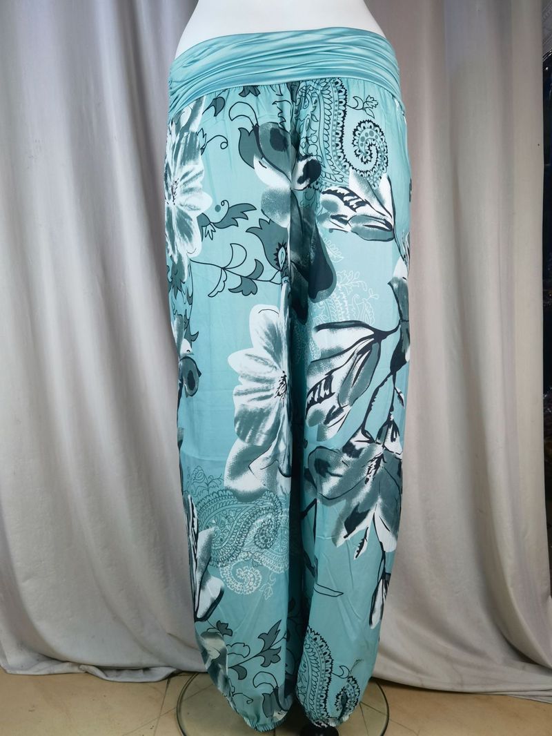 Plus Size Boho Pants, Women's Plus Floral Print Ruched Low Waist Loose Comfy Harem Pants_voghion.com