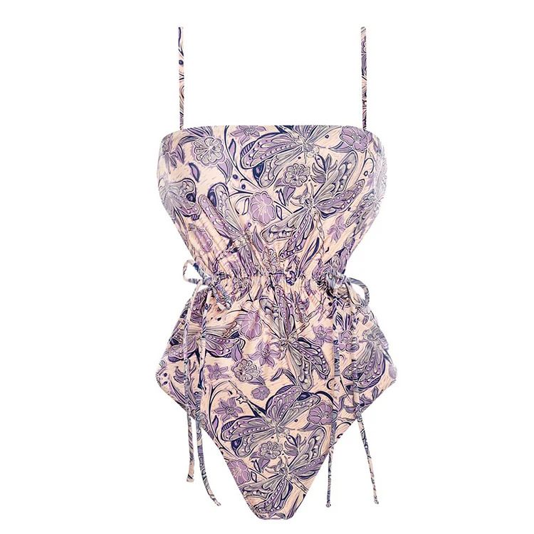 Traje de baño de una pieza con estampado de libélula púrpura hueco con cordón en la cintura de nuevo estilo para mujer y traje de falda cruzada estilo popular_voghion.com