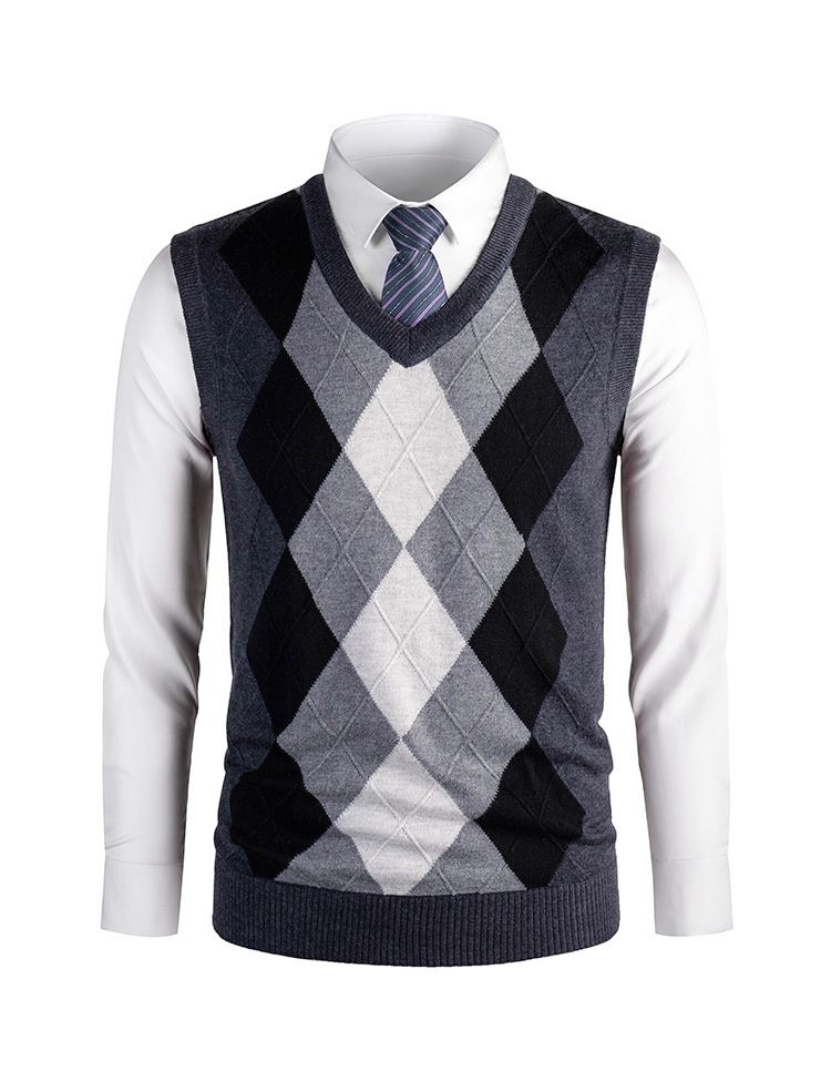 Ärmellose Weste aus Wollmischung mit V-Ausschnitt für Herren – Klassisches Karo- und Camouflage-Muster, schmale Passform, lässige und vielseitige Pullover-Strickweste für den Herbst_voghion.com