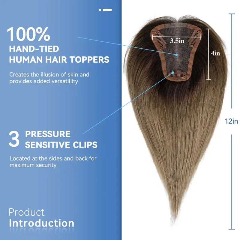 Topper per capelli umani Ombre Brown per donne con capelli diradati Topper per capelli umani Remy con base in pizzo 3 clip pezzi per capelli 12 pollici_voghion.com
