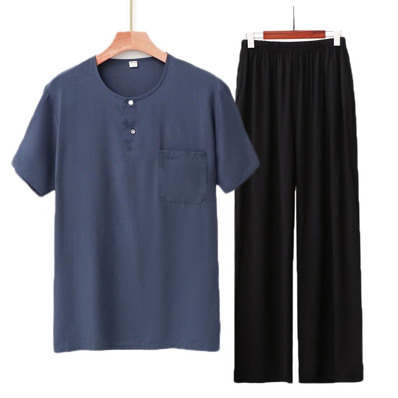 Herrenbekleidung Baumwolle Seide Pyjamas Dünne Kurzarm Anzug Künstliche Home Kleidung Hose Zweiteiliger Anzug_voghion.com