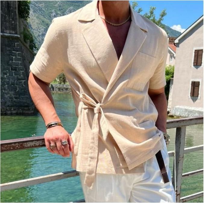 Camicia a maniche corte con lacci e risvolto, tinta unita, estiva da uomo in cotone e lino_voghion.com