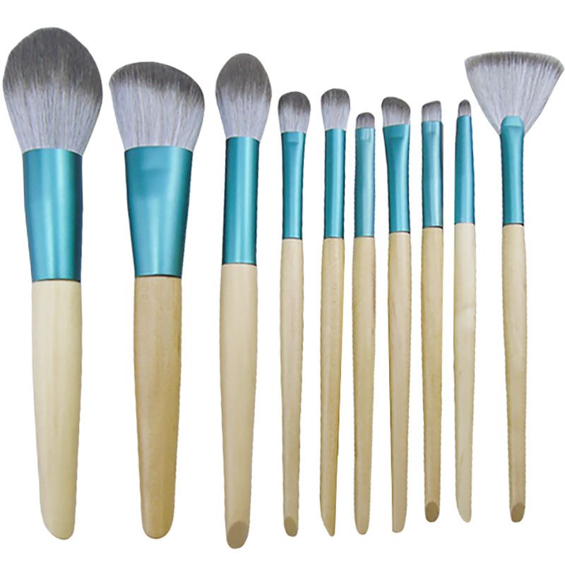 10pcs Wood Makeup Brush Set Powder Eye Blend Green Cosmetic Brushes Beauty Makeup Tool_voghion.com