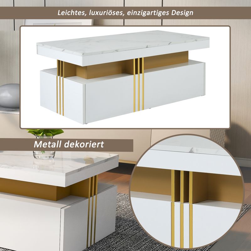 Table basse rectangulaire moderne avec plateau brillant, 2 tiroirs en bois, surface à motif marbre, pour salon, 100 x 50 x 40 cm_voghion.com