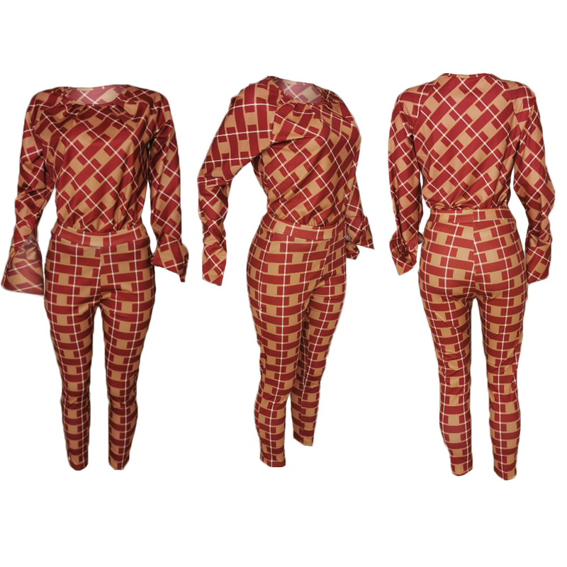 Explosieve losse blouse met lange mouwen en geruite broek, tweedelige set_voghion.com