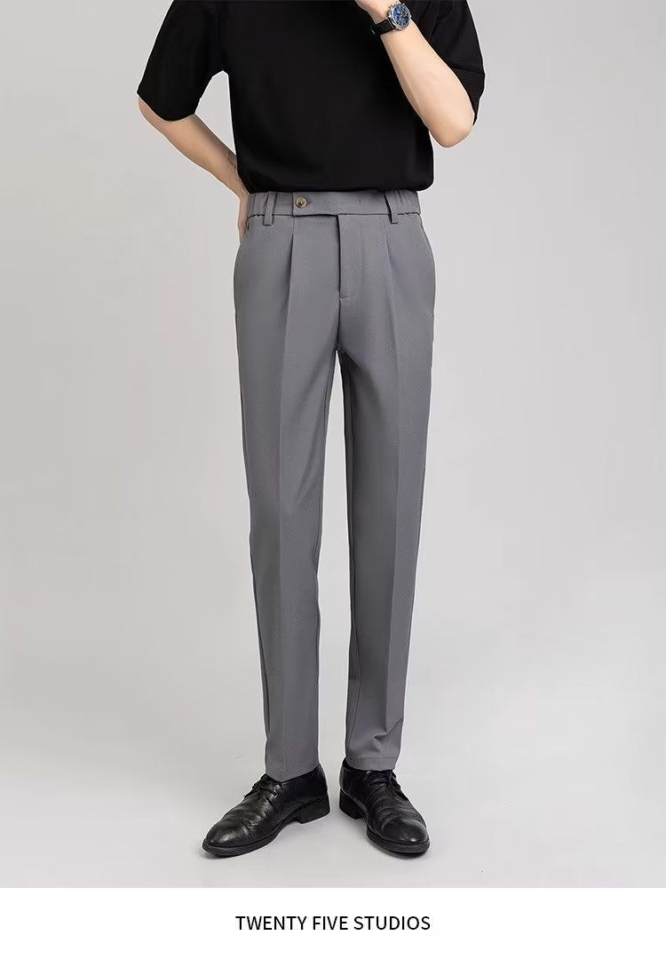 Light And Mature Style Pants Men's Autumn And Winter Double-pleated Elastic Waist Men's Trousers Micro-cone Trousers Korean Version Straight-leg Suit_voghion.com