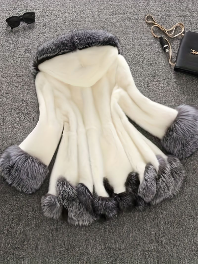 Elegante da donna - Giacca con cappuccio di media lunghezza con collo in peluche e bordo in pelliccia su tutta la lunghezza, capospalla invernale morbido e caldo,_voghion.com