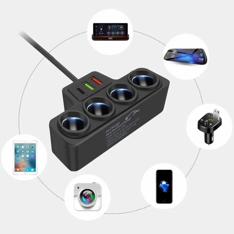 One To Four Intelligent Cigarette Lighter Dual USB+PD Charger QC3.0 Car Converter_voghion.com