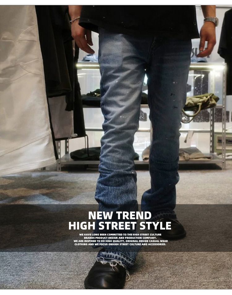 MIJKO Unisex Washed Splatter Distressed Bootcut Jeans With Cat Whisker Hem - Vintage Blue Denim Pants For Men & Women_voghion.com
