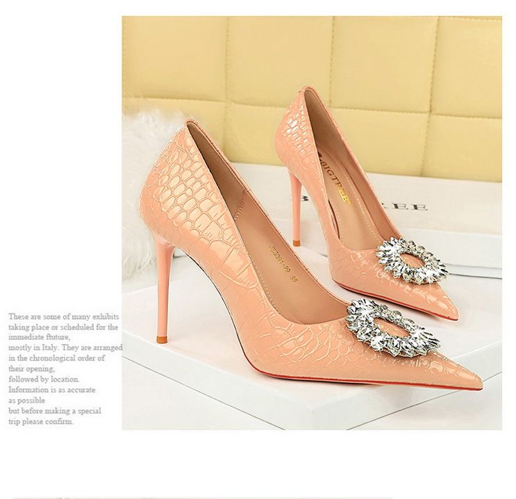 3391-K29 Fashionable High Heels With Thin Heels, Shallow Mouth, Pointed Toe, Lacquer Skin, Snake Pattern, Water Diamond_voghion.com