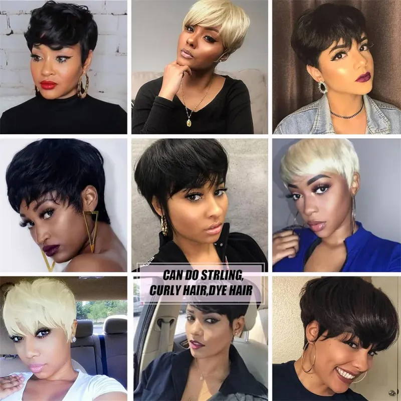 Kurze Pixie Cut Remy Echthaar Perücken Kleberfreie natürliche Farbe Volle maschinengefertigte Bob Perücke_voghion.com