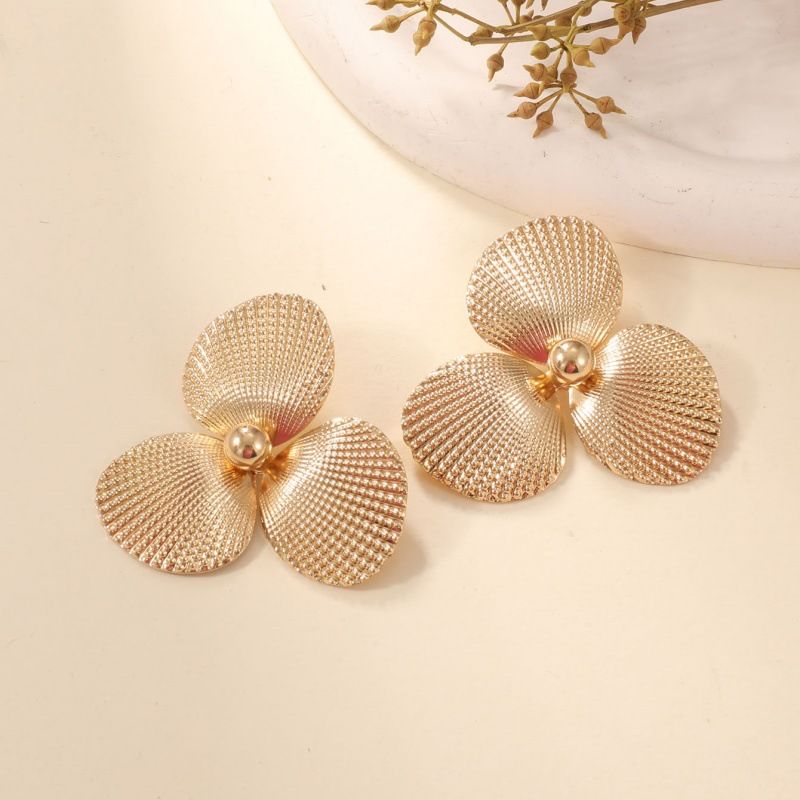 Statement-Schmuck, übertriebene Goldstruktur, Muschelblume, Halskette, Ohrringe, Ring-Set, Dekorationen_voghion.com