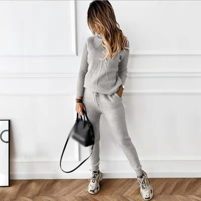 Γυναικεία ρούχα Turtleneck μονόχρωμη μοντέρνα μπλούζα + παντελόνι και πουλόβερ για γυναίκες_voghion.com