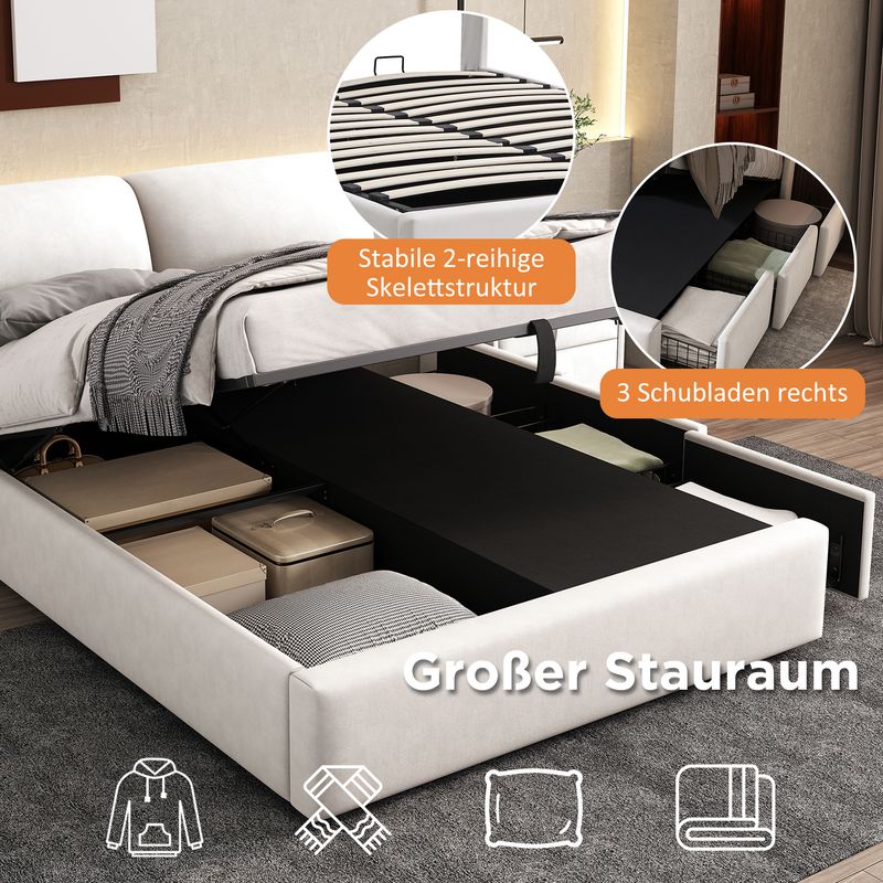 Lit coffre hydraulique 140 x 200 cm, 3 tiroirs, cadre de lit capitonné en velours beige avec sommier à lattes et tête de lit, matelas non inclus._voghion.com