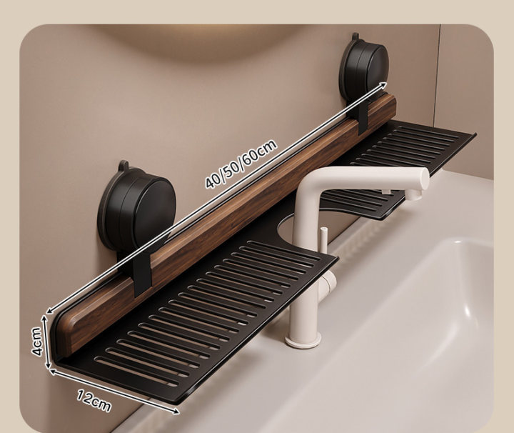 Waschbeckenständer mit Spiegel, Saugnapf und Ablagefach aus Walnussholz – ideal als Organizer ohne Bohren._voghion.com