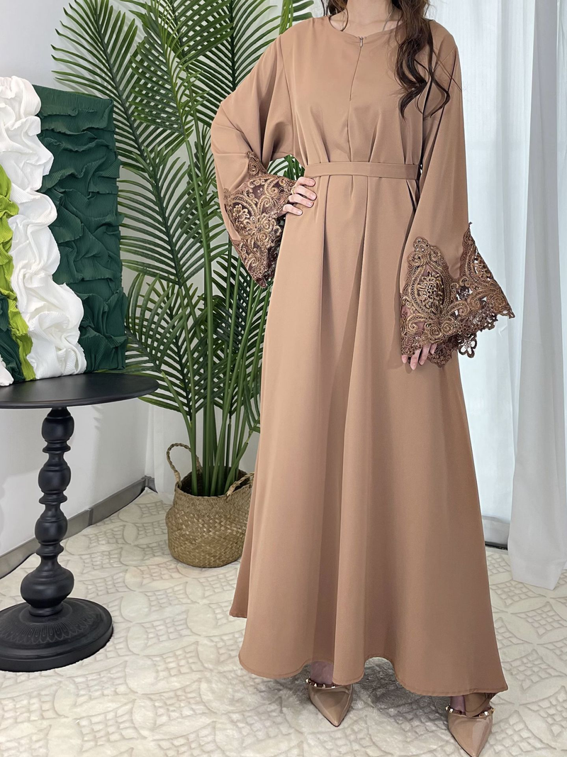 Damkläder Nya enfärgade blommiga spetsärmar med dragkedja Klänning Plus Size Damkläder_voghion.com