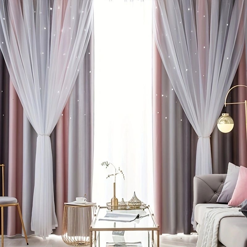 Transparente Spitzenvorhänge – halbtransparente Fenstervorhänge aus atmungsaktivem Polyester, fertig konfektioniert für Wohnzimmer/Schlafzimmer (Blau/Beige/Grau, 4 Größen)_voghion.com