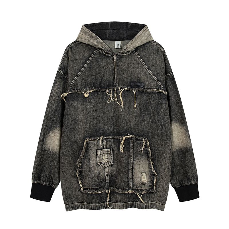 Men's Clothing New High Street Trendy Brand Denim Hoodie Wasteland Style Washed Splicing Hooded Sweatshirt_voghion.com