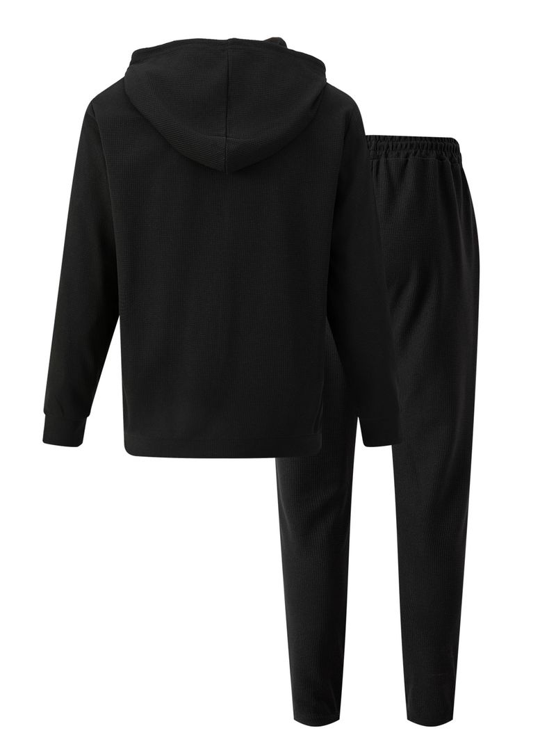 Herenkleding Wafelgebreide hoodie en joggingset - Fleece trainingspak met rits voor de winter, casual loungewear (zwart/grijs/kaki) - S-XXXL_voghion.com