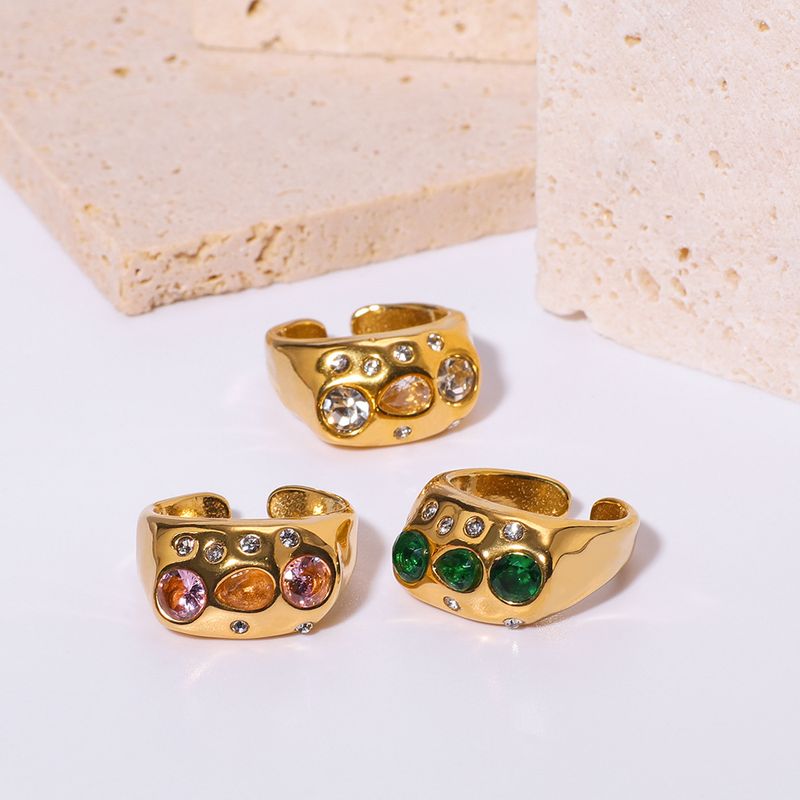 Elegante anello aperto regolabile in acciaio inossidabile con diamanti colorati placcato oro, semplice gioiello_voghion.com