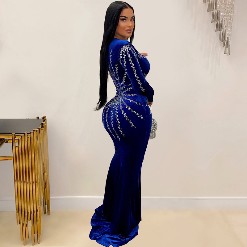 Damenbekleidung, modisches, einfarbiges, sexy, heißes Diamant-Langarmkleid mit langem Rock_voghion.com