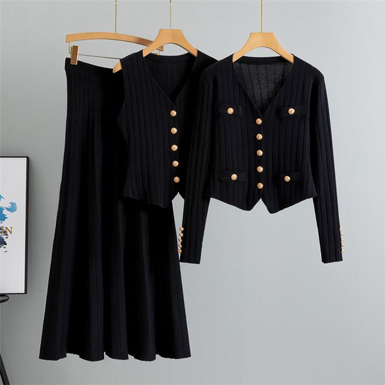 Ženska oblačila, oprijet kroj, krilo, pulover, tridelni komplet za ženske, pomlad in jesen, nov telovnik, pleteni kardigan, komplet_voghion.com