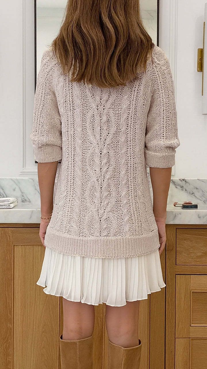 Abito in maglia a trecce con scollo rotondo e orlo in chiffon – Minigonna dolce ed elegante (S-3XL, Grigio/Nero/Rosa/Beige/Altro)_voghion.com