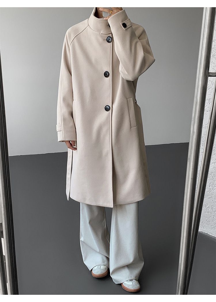 Gabardina de mezcla de lana con cuello alto para hombre: abrigo largo entallado, chaqueta de invierno de botonadura sencilla (negro/albaricoque, M-5XL)_voghion.com