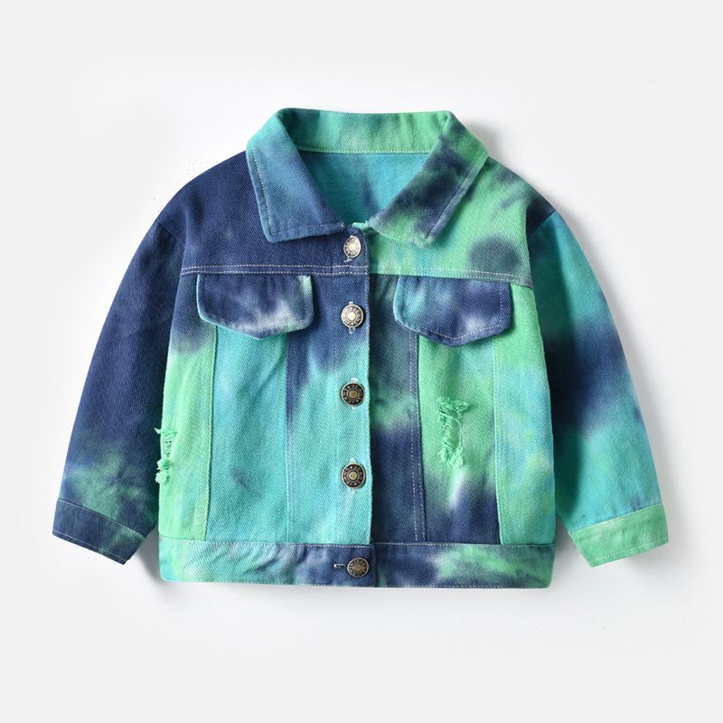 Ropa para niños, ropa infantil, nueva primavera 2024, chaqueta vaquera tie-dye, top corto roto para niños y niñas_voghion.com