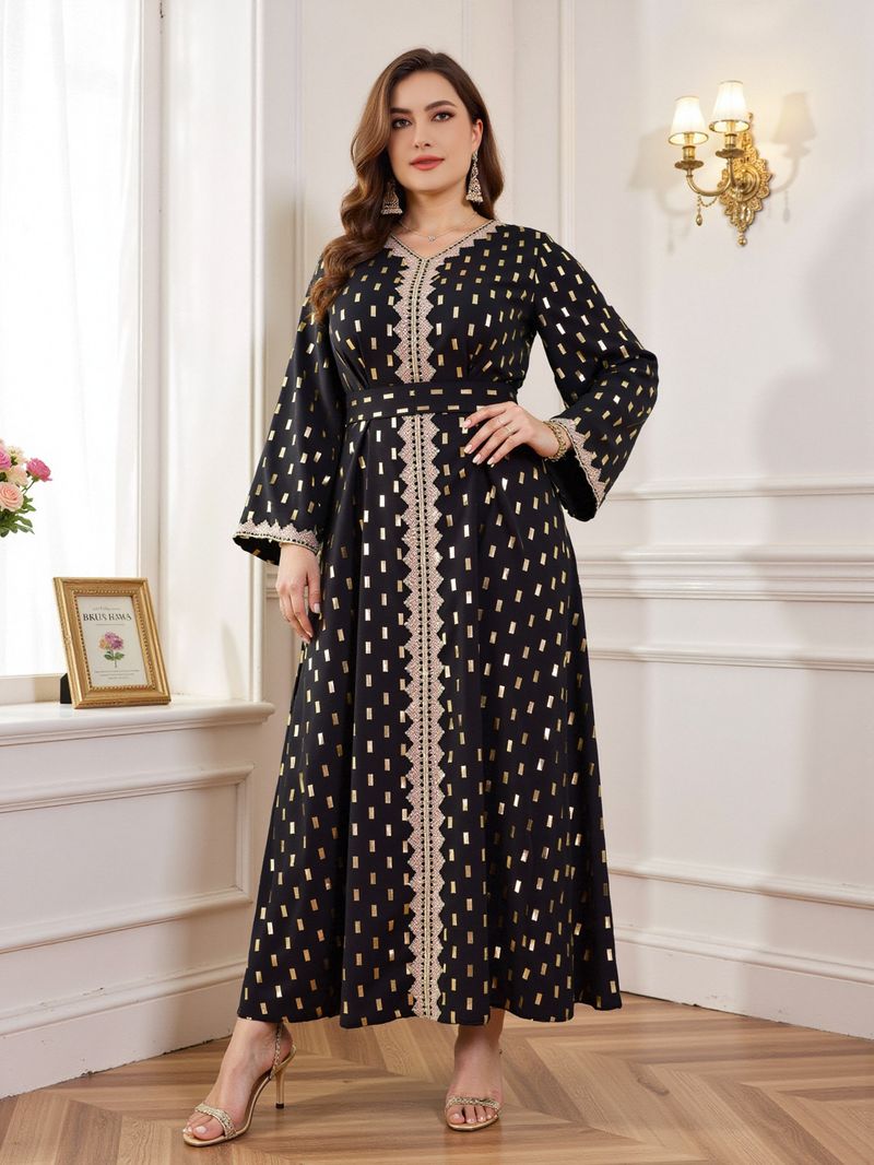 Abbigliamento da donna, taglie forti, abito musulmano Abaya con stampa oro_voghion.com