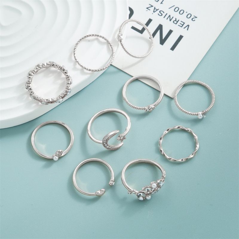 10-Piece Ring Set: Moon, Star, Leaf, Heart, Rhinestone Knuckle Rings_voghion.com