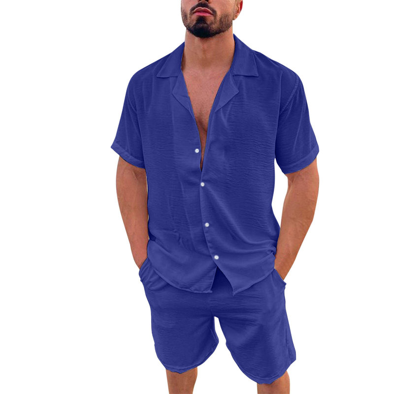 Set de pantaloni scurți cu mânecă scurtă, din bumbac și in, Hawaii, 2024, vară, guler polo, stil hawaian, bărbați_voghion.com