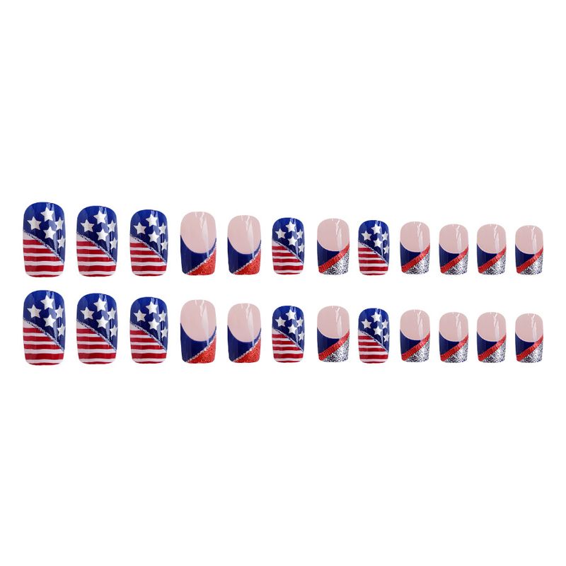 Short Bright Red and Blue Color Multicolor Glitter Stripe Independent Day Wear Nail Art US Five-pointed Star Foreign Trade 24 Pieces_voghion.com