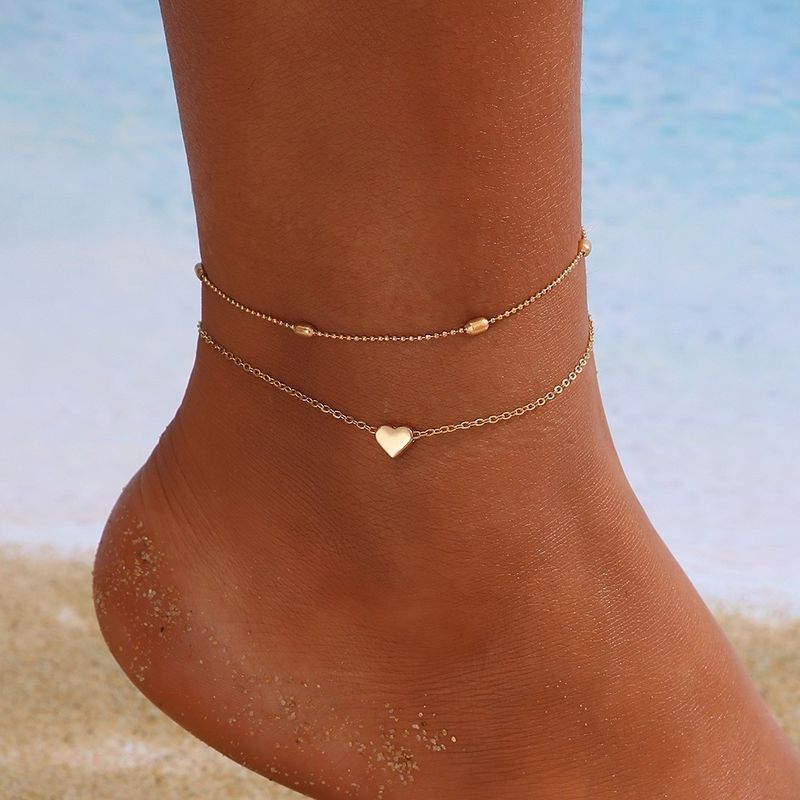 Cavigliera in lega multistrato creativa semplice con doppio strato a forma di cuore di pesca e perline rotonde di nuovo stile_voghion.com