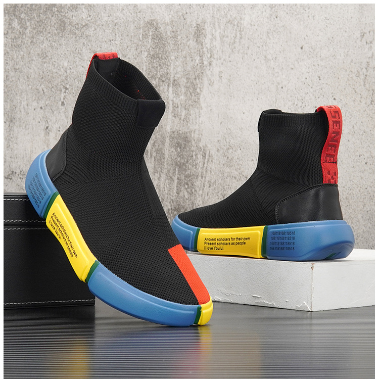 High Top Socks Shoes For Men 2023 Autumn New Trendy Breathable Knitted Slip On Sneakers Thick Sole Color Matching Trendy Shoes_voghion.com