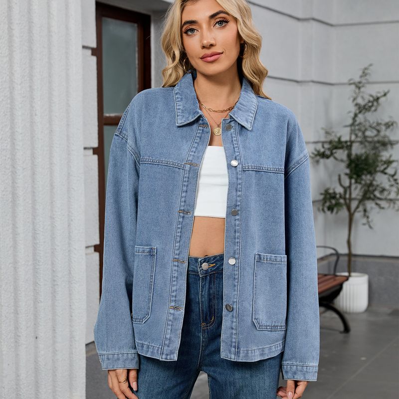 Giacca in denim vintage da donna - Cappotto oversize a maniche lunghe dalla vestibilità comoda con colletto classico, blu retrò e grigio nero_voghion.com