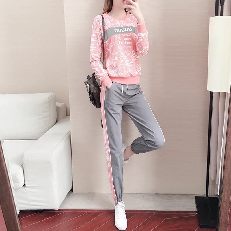 Women's Sports Suit Autumn New Fashion Hong Kong Stle Personalit Loose Casual Wear Stlish Running Two-Piece Set_voghion.com