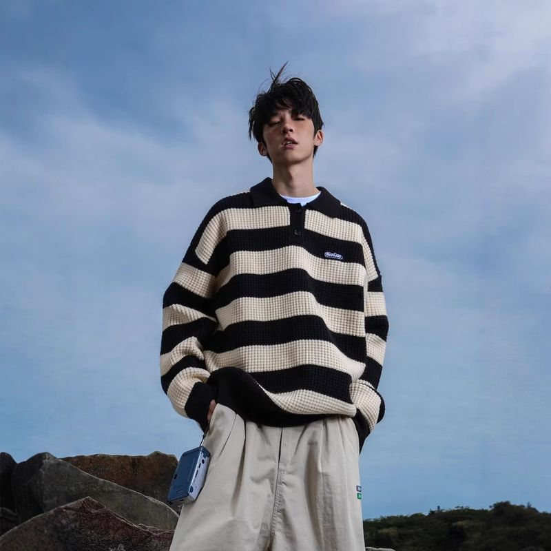 GSOON Men's Autumn/Winter New 800G Arctic Cotton Cashmere Color Blocked Striped Thick Knitted Sweater B_voghion.com