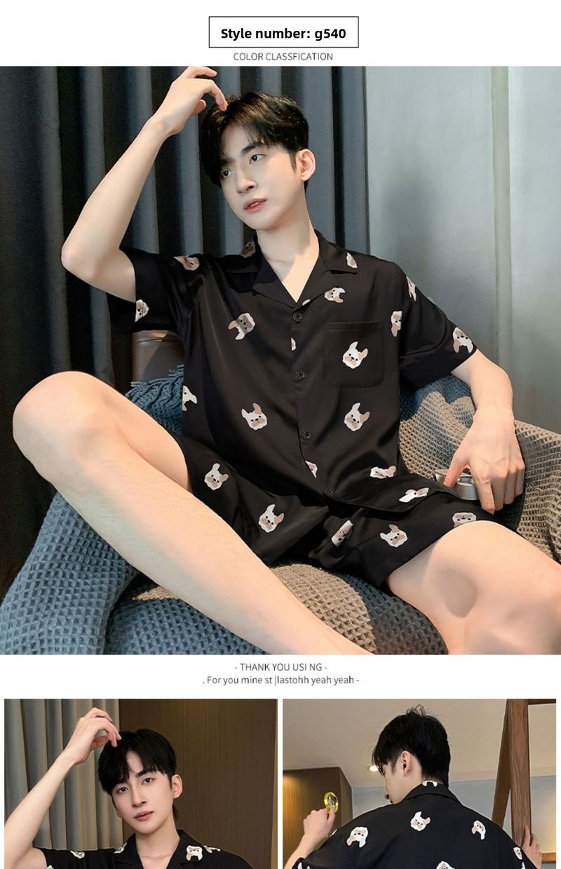 Men's Summer Ice Silk Short Sleeved Shorts Thin Sleepwear Simple Casual Ice Silk Youth Home Suit Set_voghion.com
