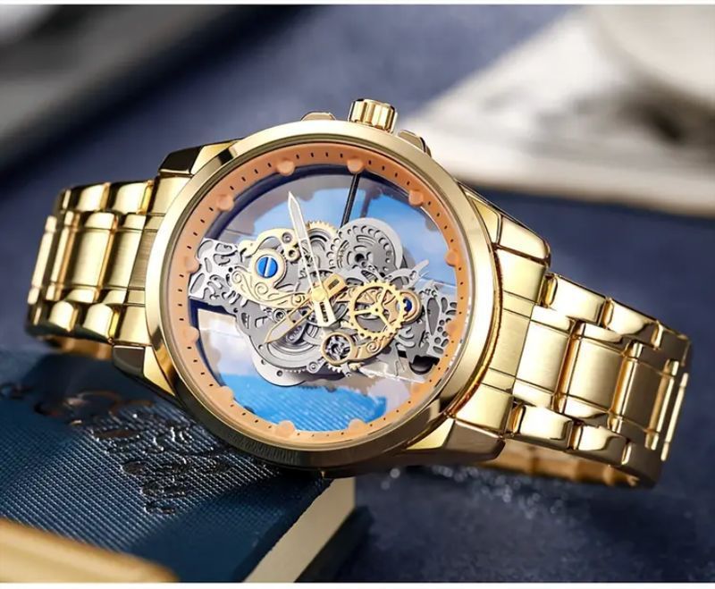 Men's Stainless Steel Skeleton Automatic Watch With Luminous Hands, Water Resistant 30M, Round Dial, Mineral Glass, Fashion Casual Dress Watch_voghion.com