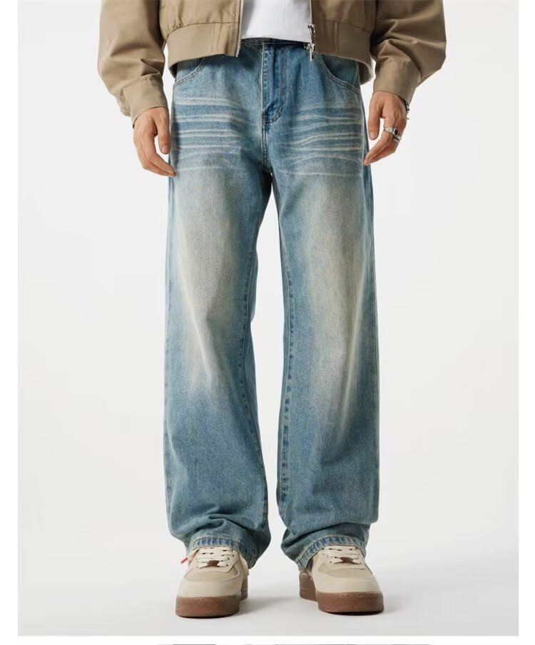 Spring And Autumn New American Retro Washed Old Jeans Men's Loose Straight Cat Beard Wide Leg Casual Long Pants_voghion.com