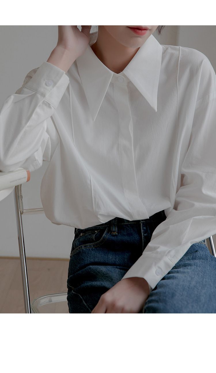 2025 Nvyis2025 Primavera Colletto a punta Un top in stile francese di nicchia, camicia casual ampia per donne con maniche lunghe_voghion.com