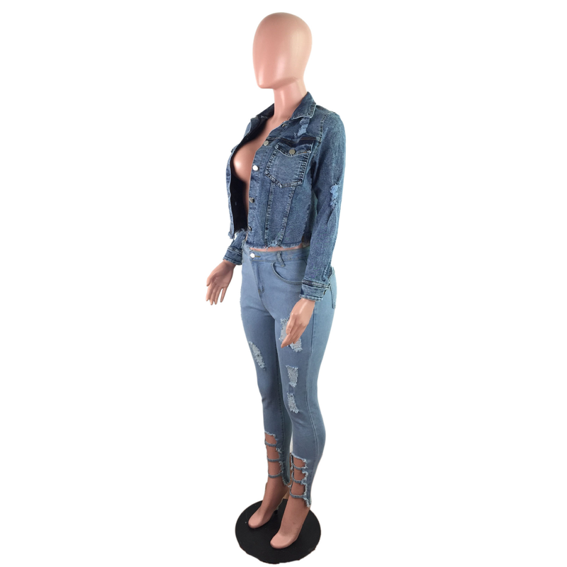 Damenmode-Persönlichkeit, zerrissene Fransen, kurze Vintage-Langarmjacke, Jeansjacke_voghion.com