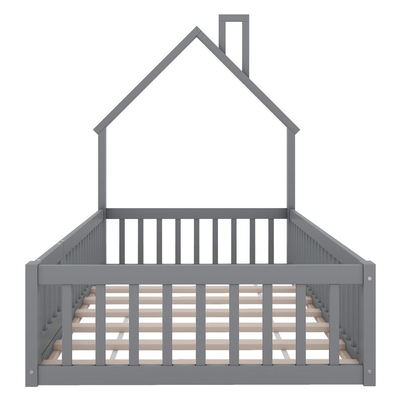 Hausbett 90x200cm in Schornsteinform, Kiefernholz, Grau_voghion.com