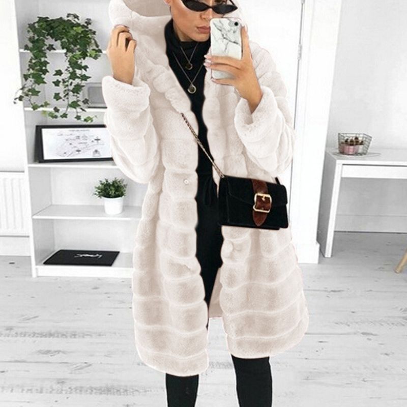 Nuovo cappotto largo in pelliccia di coniglio con cappuccio e tasche laterali per donna, autunno/inverno_voghion.com